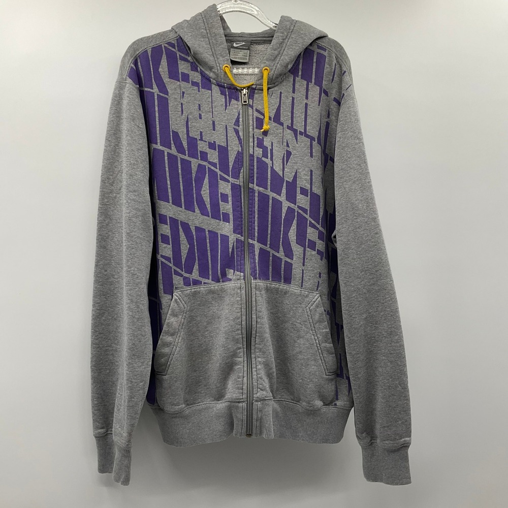 Nike Zip Up Hoodie Gray Purple Graphic Spellout Y2K Large Sporty Grungecore
